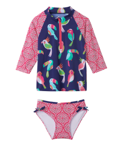 Hatley Swimwear | 2 Piece Rashguard & Swim Shorts | Tropical Birds | Patriot Blue